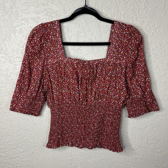 Cottagecore Milkmaid Peasant Top Sz Med Red Floral Puff Sleeves Smocked Coquette - Picture 6 of 9